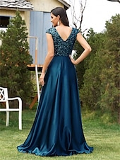baratos AZUL-Vestidos de Quinceanera Linha A Vestido Elegante Casamento Formal Comprimento do Chão Sem Mangas Decote em V Cetim com Lantejoulas
