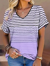 cheap Stripe&amp;Geometric tee-Women&#039;s T Shirt Graphic Geometric Striped Stylish Modern Casual Short Sleeve V Neck Regular Tops Daily Print Pink Blue Purple Green Summer Spring
