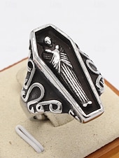 cheap Halloween Accessories-Men’s Gothic Coffin Titanium Steel Ring – Vintage Halloween Party Statement Jewelry with Skeleton Design for Cosplay &amp; Retro Fashion
