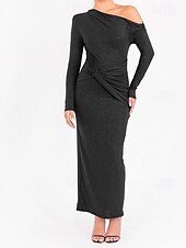abordables Robe Simple-Femmes Robe Longue Maxi Robe Robe de Bal Robe de Soirée Mode Soirée Occasion Spéciale Coupe régulière Uni manche longue Top épaules dénudées Noir Violet Marron Automne