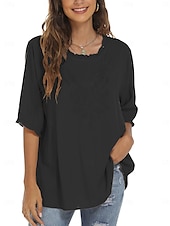 preiswerte Damen Einfache Oberteile-Damen Hemd Einfarbig Blumen Lässig Boho Dreiviertelarm Ellbogenärmel Rundhalsausschnitt Normale Oberteile Täglich Ausgehen Rüsche Bestickt Schwarz Weiß Rote Khaki Sommer