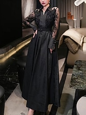 preiswerte Bodenlänge-A-Linie Brautmutter Kleid Eleganter Hemdkragen Knöchellang Polyester Langarm mit Spitze Gurt  Band