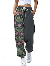 abordables pantalones cargo de mujer-Mujer pantalones Corte Recto Ropa de calle Casual Longitud total Cintura Media Flor Bolsillo Estampado Diseño de cordón elástico Al Aire Libre Cómodo Exterior Noche Gris Amarillo Rosa Verde Ejército