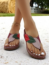 billige Komfortsandaler-Kilesandaler med fargeblokkmønster i bladdesign til dame – myke slip-on-flip-flops for hage, brunsj og sommerturer
