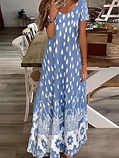 preiswerte Blumenkleider-Damen Maxikleid Sommerkleid A Linie Kleid Urlaub Lässig Strand Standard Passform Blumen Grafik Kurzarm V Ausschnitt Hellblau-Weiß Sommer Frühling