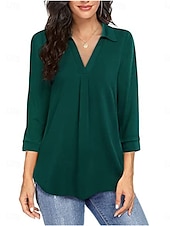 preiswerte Damen Einfache Oberteile-Damen Hemd Einfarbig Elegant Stilvoll Basic Dreiviertelarm V Ausschnitt Normale Oberteile Täglich Schwarz Wein Blau Grün Frühling Herbst