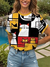 Pentru femei Tricou Grafic Geometric Pisica Epocă Stilat Clasic Manșon scurt Stil Nautic Rotund Topuri obișnuite Zilnic Sfârșit de săptămână Imprimeu Galben Roșu-aprins Albastru piscină Vară Primăvară ieftine Tricou cu animale-Pentru femei Tricou Grafic Geometric Pisica Epocă Stilat Clasic Manșon scurt Stil Nautic Rotund Topuri obișnuite Zilnic Sfârșit de săptămână Imprimeu Galben Roșu-aprins Albastru piscină Vară Primăvară