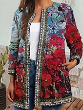 preiswerte Freizeitjacken-Damen Freizeitjacke Warm Bequem Tasche Mode Modern Blumen Straße Ausgehen Regulär Kragenlos Normale Passform Langarm Oberbekleidung Rote Purpur Orange Herbst Winter