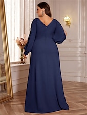 preiswerte BLAU-A-Linien Plus Size Kleider Elegantes Kurvenkleid Formelles Hochzeitsbodenlänges Langärmel V-Ausschnitt Chiffon mit Perlen 2025