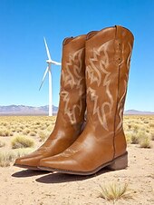 levne Cowboy &amp; Western Boots-Dámské hnědé kovbojské boty ve westernovém stylu s klasickou výšivkou – vintage jezdecké boty do půli lýtek na ranč, country koncerty a každodenní nošení v přírodě