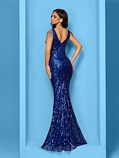 abordables BLEU-Robes de Quinceanera sirène  trompette élégantes formelles pour mariage longueur de sol sans manches en V sequins avec sequins