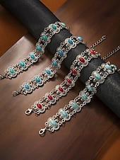 billige Damearmbånd-Dame vintage bohemsk armbånd med turkis stein – antikk sølvbelagt kjedeledddesign til hverdagsbruk, fester og gaver