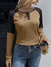 お買い得  ストライプ＆ジオメトリックTシャツ-女性用 ブラウス カラーブロック スタイリッシュ カジュアル 長袖 クルーネック レギュラートップス 日常 パッチワーク ボタン イエロー ワイン 夏 春