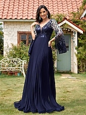 voordelige BLAUW-A-Lijn Quinceañera Jurken Elegante Jurk Formele Bruiloft Vloer Lengte Halve Mouwen V-hals Polyester Met Slits