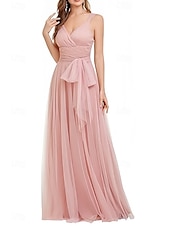 abordables Robes pour invitées de mariage-Robes D&#039;invitée de Mariage A-Ligne Élégante Robe D&#039;invitée de Mariage Engagement Longueur Totale Sans Manches Décolleté V Mousseline avec Plis Papillon