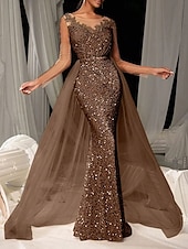 cheap Evening Dresses-Brown Mermaid / Trumpet Evening Gown Elegant Dresse Embroidered Lace Applique Formal Wedding Floor Length Long Sleeve Crew Neck Tulle with Sequin Skirt