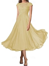billiga Te Längd-A-linjeformad bröllopsfestmammas klänning elegant enkel krage ankellängd chiffon kort ärm med veck solid färg