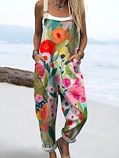 billiga casual jumpsuits-Dam Jumpsuits Aktiv Blommig Ärmlös Snörning Semester Dagligen Lös passning Gul Rubinrött Blå Sommar