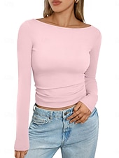 abordables T-shirt uni-Femmes Hauts moulants Couleur Unie Élégant Occasionnel Y2K manche longue Col ras du cou Hauts courts Quotidien Fête Sortir Noir Blanche Rose Claire Marron Été Printemps