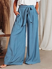 abordables jambe large et taille haute-Femmes Culottes Jambe Large Évasé Élégant Vacances ancien Long Taille Moyenne Cordon de serrage Classique Stylé Micro-Élastique Ivoire Bleu Kaki Été Printemps Automne Coupe Ample
