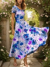 abordables Robes fleuries-Femmes Robe maxi Robe Décontractée Robe trapèze Robe d&#039;été Élégant Vacances Occasionnel Coupe régulière Fleuri Graphique Manche Courte Col carré Jaune Rouge Bleu Violet Été Automne