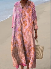 tanie Sukienki kwiatowe-Damskie Sukienka maxi Sukienka letnia Sukienka A line Urlop Codzienny Boho Impreza Wyjściowe Plaża Kwiaty Graficzny Długi rękaw W serek Szarozielony Rumiany róż Fioletowy Ecru Lato Wiosna