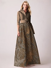 cheap Cocktail Dresses-Jacquard Brocade Floral A-Line Cocktail Dresses Elegant Dress Formal Wedding Floor Length Long Sleeve Shirt Collar Detachable Nylon