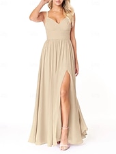 baratos Vestidos para Madrinhas-Vestido de dama de honra em corte A, decote em V, sem mangas, elegante, longo, em chiffon com pregas / frente aberta / franzido 2025