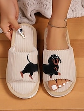 ieftine Flip-Flops de Damă-Papuci de casă pentru femei, din pluș, cu broderie de câini, sandale confortabile din catifea reiată, perfecți pentru relaxare și lenevire acasă