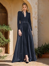 baratos Macacões da mamãe-Macacão  Conjunto Mãe da Noiva Macacão Saia Sobressalente Elegante Simples Minimalista Decote em V Comprimento do Chão Comprimento do Tornozelo Cetim Crepe Tecido Elástico Manga Longa com Renda
