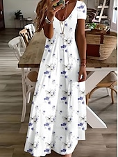 abordables Robes Boho-Femmes Robe Midi Robe d&#039;Été Robe trapèze Vacances Occasionnel Boho Sortir Plage Coupe Standard Fleuri Graphique Manche Courte Col en V Gris vert Blanche Vert Claire Rouge Été Printemps