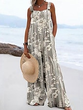 abordables Combinaison Florale-Femmes Salopette Actif Fleuri Sans manches Jambe large Vacances Rue Coupe Ample Jaune Bleu Gris Été
