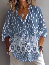 tanie Kwiatowe topy-Damskie Koszula Bluzka Kwiaty Graficzny Zabytkowe Codzienny Elegancki Długi rękaw Kołnierzyk koszuli Zwykłe topy Codzienny Święto Wyjściowe Z marszczeniami Haft Guziki Niebieski Khaki Jasnoszary Lato