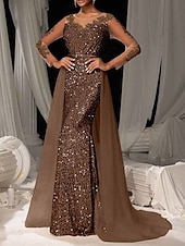 cheap Evening Dresses-Brown Mermaid / Trumpet Evening Gown Elegant Dresse Embroidered Lace Applique Formal Wedding Floor Length Long Sleeve Crew Neck Tulle with Sequin Skirt