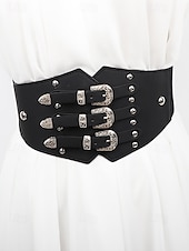 abordables Ceinture pour femme-Ceinture large élastique pour femme avec triple boucle vintage – Corset gothique en similicuir pour robes et costumes