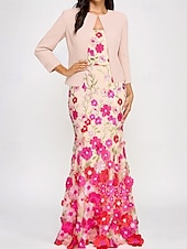 cheap PINK-Hot Pink Mermaid / Trumpet Evening Gown Elegant Dress with Stretch Crepe Jacket Semi Formal Wedding Floor Length Sleeveless Strapless Floral Embroidery Lace