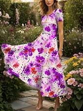 abordables Robes fleuries-Femmes Robe maxi Robe Décontractée Robe trapèze Robe d&#039;été Élégant Vacances Occasionnel Coupe régulière Fleuri Graphique Manche Courte Col carré Jaune Rouge Bleu Violet Été Automne