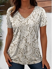 preiswerte Blumen-T-Shirt-Damen T Shirt Blumen Grafik Pflanzen Vintage Mode Hawaiianisch Kurzarm V Ausschnitt Normale Oberteile Täglich Ausgehen Wochenende Druck Rosa Blau Purpur Grün cremefarben Sommer Frühling