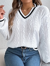 preiswerte Einfarbige Farben-Damen Pullover Lässig Farbblock Gerippt V Ausschnitt Patchwork Gestrickt Langarm Normale Oberteile Stricken Täglich Ferien Ausgehen Weiß Blau Herbst