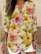 voordelige Bloemen tops-Dames Blouse Bloemig Stijlvol Modern Lange mouw V-hals Normale tops Dagelijks Feestdagen Afdrukken Wijn Marine Blauw blauw Paars Khaki Zomer