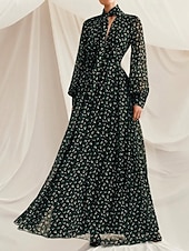 preiswerte Bodenlänge-A-Linie Brautmutterkleid Elegant Einfach Minimalistisch V-Ausschnitt mit Schal Bodenlänglich Floralprint Chiffon Langarm mit Falten