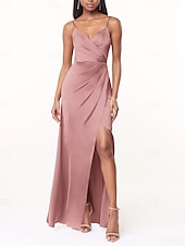 cheap Bridesmaid Dresses-A-Line Bridesmaid Dress V Neck / Spaghetti Strap Sleeveless Elegant Floor Length Charmeuse with Split Front / Ruching
