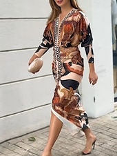 billige Boho-kjoler-Dame Midikjole Wrap-kjole Ferie Fritid Bohem utendørs Ut på byen Strand Løstsittende Blomstret Grafisk Paisly Langermet V-hals Oransje Sommer Vår