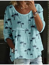 billige Blomstrete topper-Dame Bluse Blomstret Stilfull 3/4 ermer Crew-hals Vanlige topper Daglig Ferie Trykt mønster Hvit Navyblå Blå Himmelblå Kakifarget Sommer