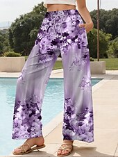 abordables jambe large et taille haute-Femmes Culottes Jambe Large Chinos Pantalons Amples Vacances ancien Mode Longueur complète Taille haute Fleuri Graphique Dégradé Ceinture Élastique Impression Respirant Doux Micro-Élastique Formel
