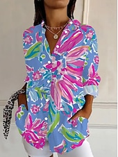cheap Floral Tops-Women&#039;s Shirt Floral Graphic Abstract Vintage Tropical Daily Long Sleeve Shirt Collar Regular Tops Work Daily Holiday Buttons Print Red Blue Orange Green Summer Spring
