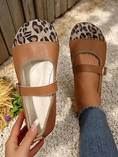 levne Dámské boty s plochou podrážkou-Dámské boty Mary Jane s leopardím potiskem a nastavitelným páskem, pohodlná ležérní barefoot obuv pro venkovní i každodenní nošení