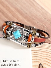 preiswerte Herrenschmuck-Türkisfarbenes Lederarmband für Herren mit Totenkopf und Metallakzenten, Bohème-Western-Stil, perfekt für die Freizeit und den Alltag