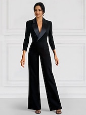 voordelige Mama&amp;#39;s jumpsuits-Zwarte Blazer Jumpsuit Moeder van de Bruid Bruiloft Gast Elegante Minimalistische Revers Vloerlengte Rekbare Stof Lange Mouwen met Knopen Effen Kleur