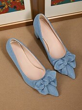 billige 1950-tallet-Lyseblå damepumps med sløyfe og blokkhæl – vintage spisse denim-hæler fra 1950-tallet til kontor, bryllup og hverdagsbruk